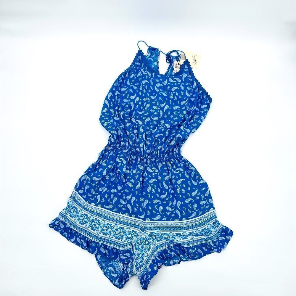 NWT Exist Short Romper Spaghetti Strap Lace Blue White L